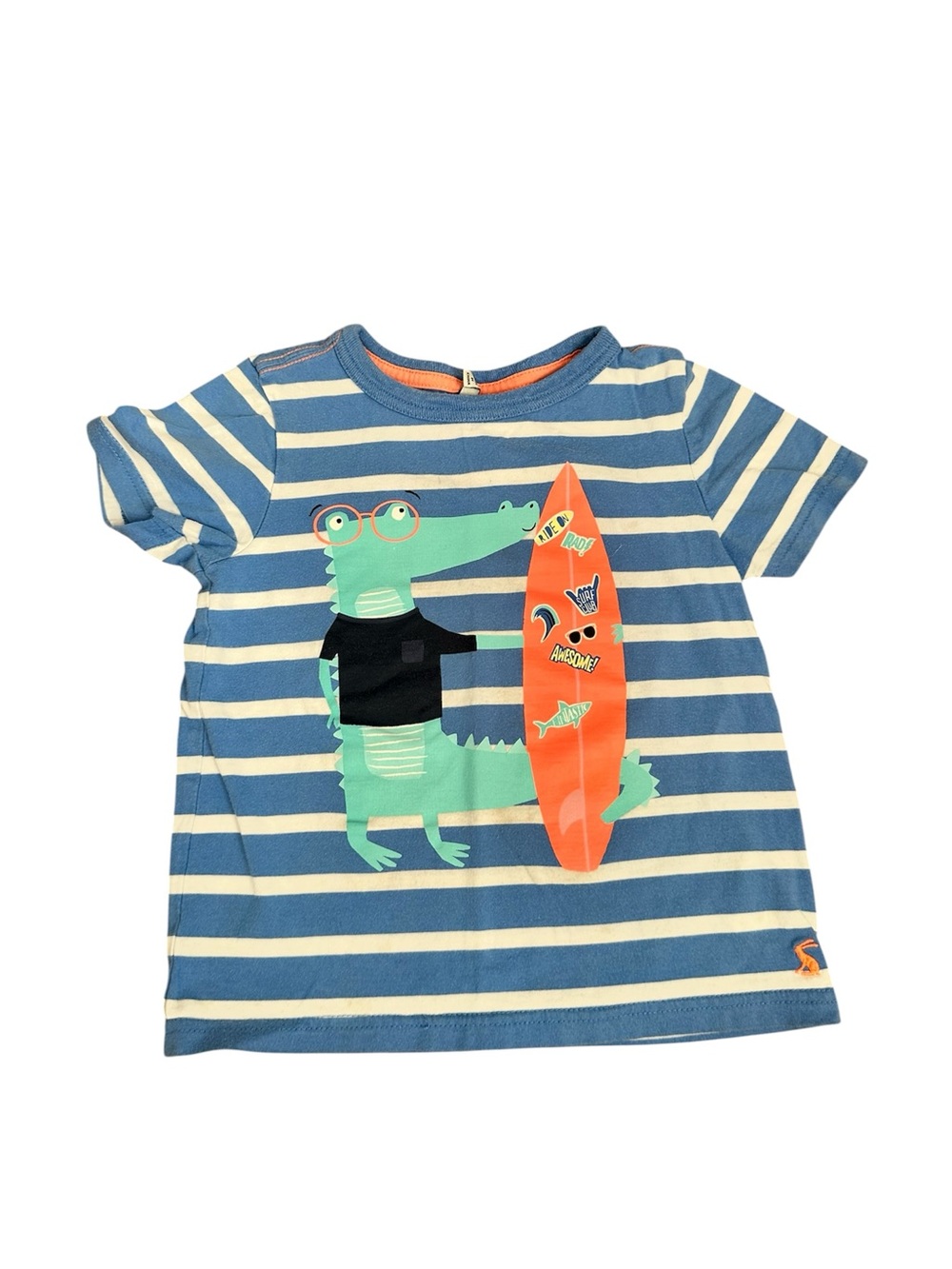 Joules Blue & Cream Striped Tee with Crocodile & Orange Surfboard